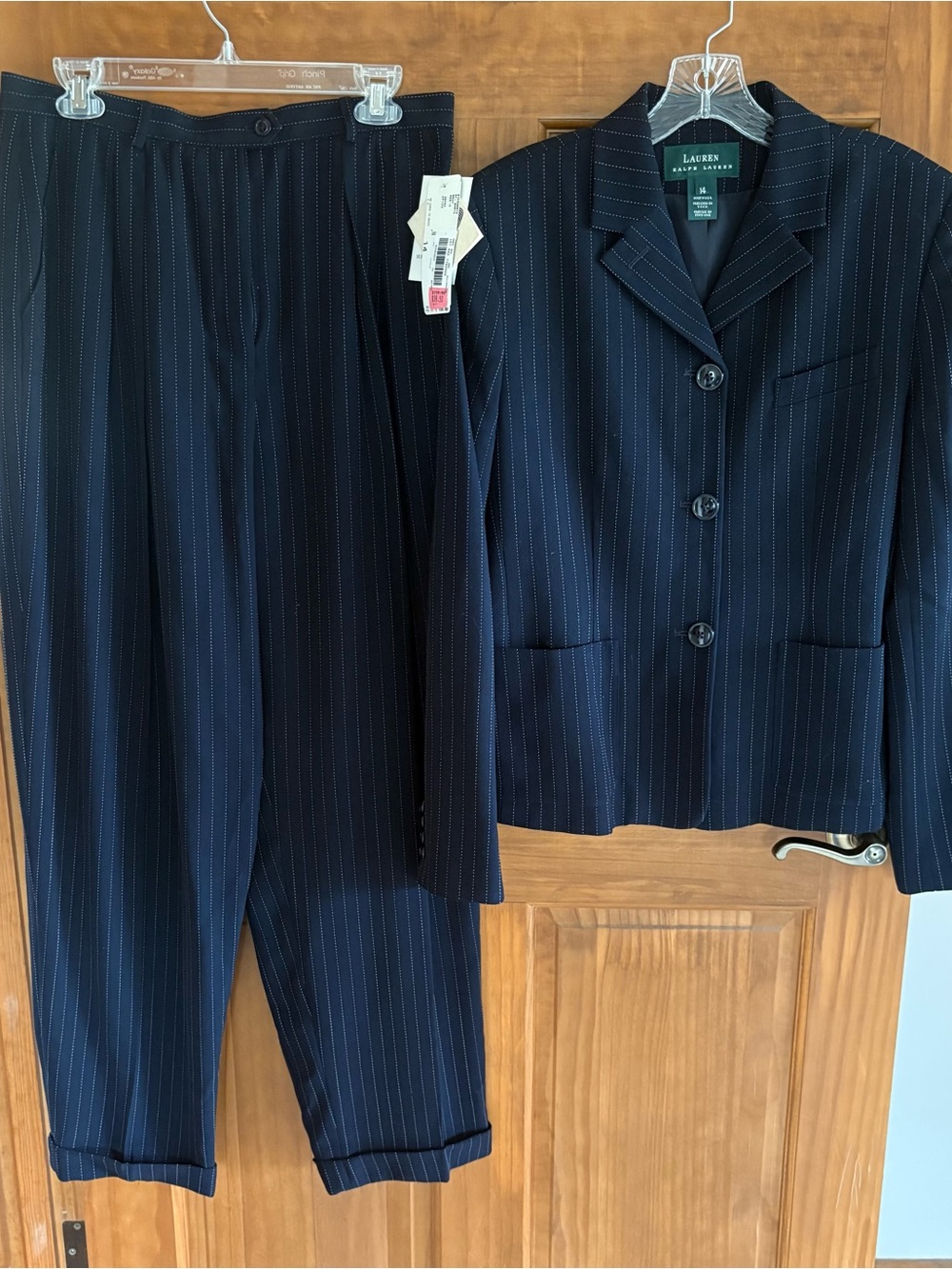 Lauren Ralph Lauren Navy and White Pinstripe Wool Two-Piece Pant Suit, Size 14